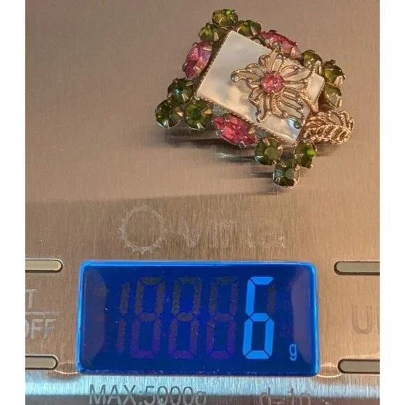 Vintage Pink Green Rhinestone Brooch Pendant Filigree Flower Mother of Pearl - Picture 14 of 14